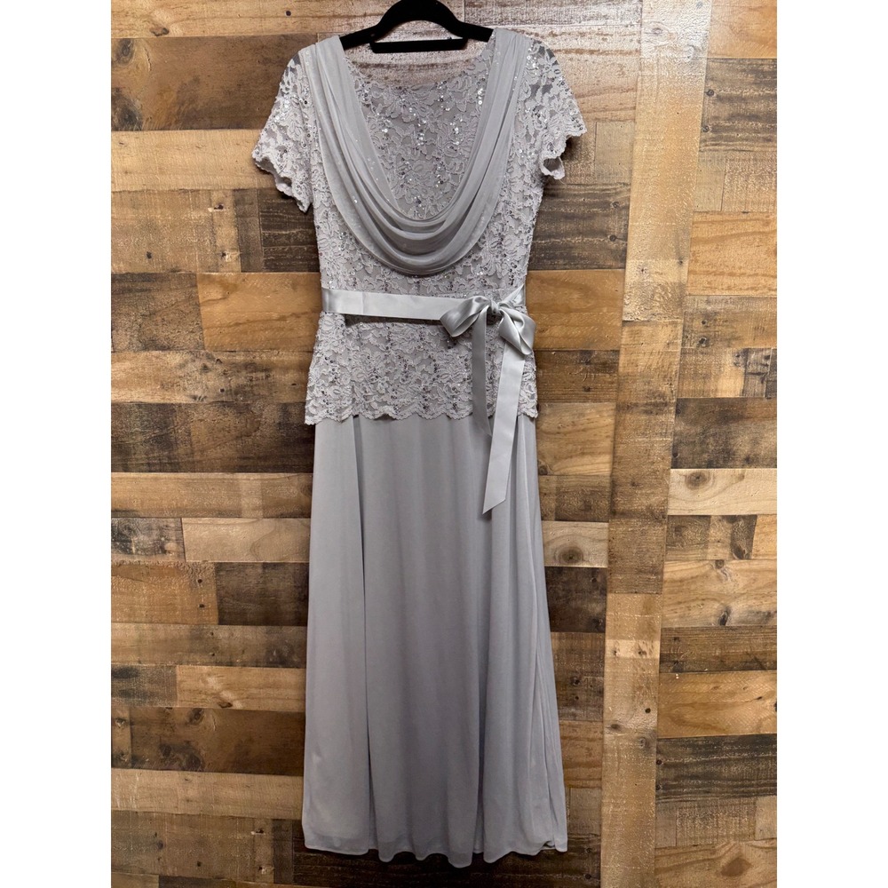 Onyx Nite Silver Grey Sequin Lace Cowl Neck Formal Gown Dress Women's Size 12‎